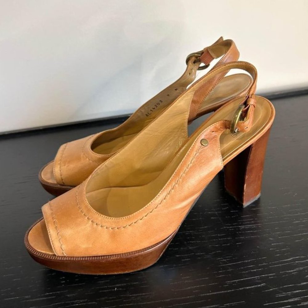 Stuart Weitzman Tan Leather Peep-Toe Slingback Heels